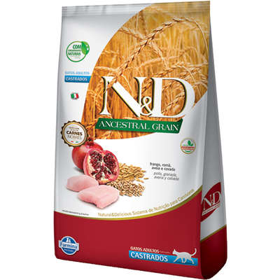 RAÇÃO SECA FARMINA N&D ANCESTRAL GRAIN FRANGO GATOS ADULTOS CASTRADOS 1,5KG