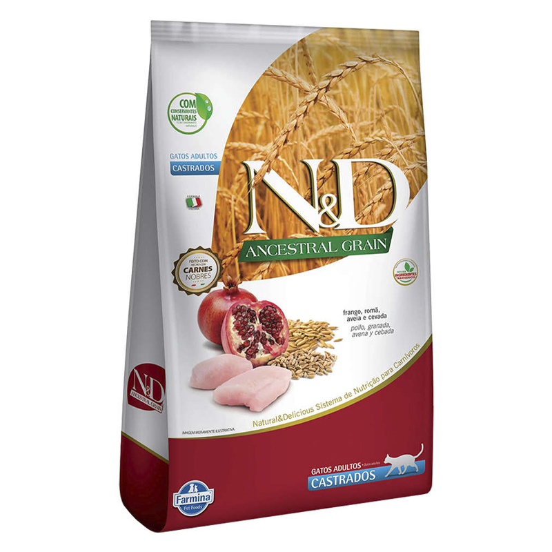 RAÇÃO SECA FARMINA N&D ANCESTRAL GRAIN FRANGO GATOS ADULTOS CASTRADOS 1,5KG