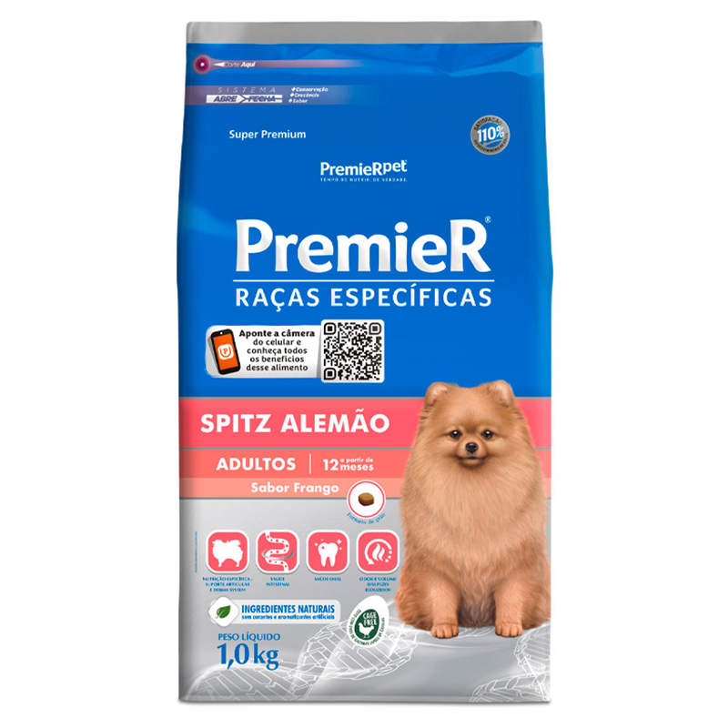 RAÇÃO SECA PREMIER RAÇAS ESPECÍFICAS SPITZ ALEMÃO PARA CÃES ADULTOS SABOR FRANGO 1KG