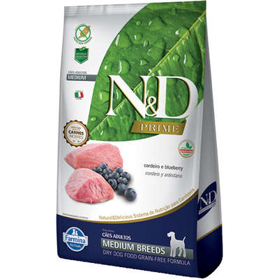 RAÇÃO SECA FARMINA N&D PRIME CORDEIRO E BLUEBERRY CÃES ADULTOS RAÇAS MÉDIAS 10,1KG