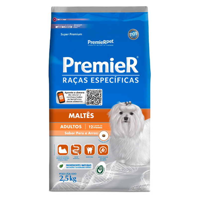 RAÇÃO SECA PREMIER PET RAÇAS ESPECÍFICAS MALTÊS ADULTO SABOR ARROZ E PERU - 2,5 KG