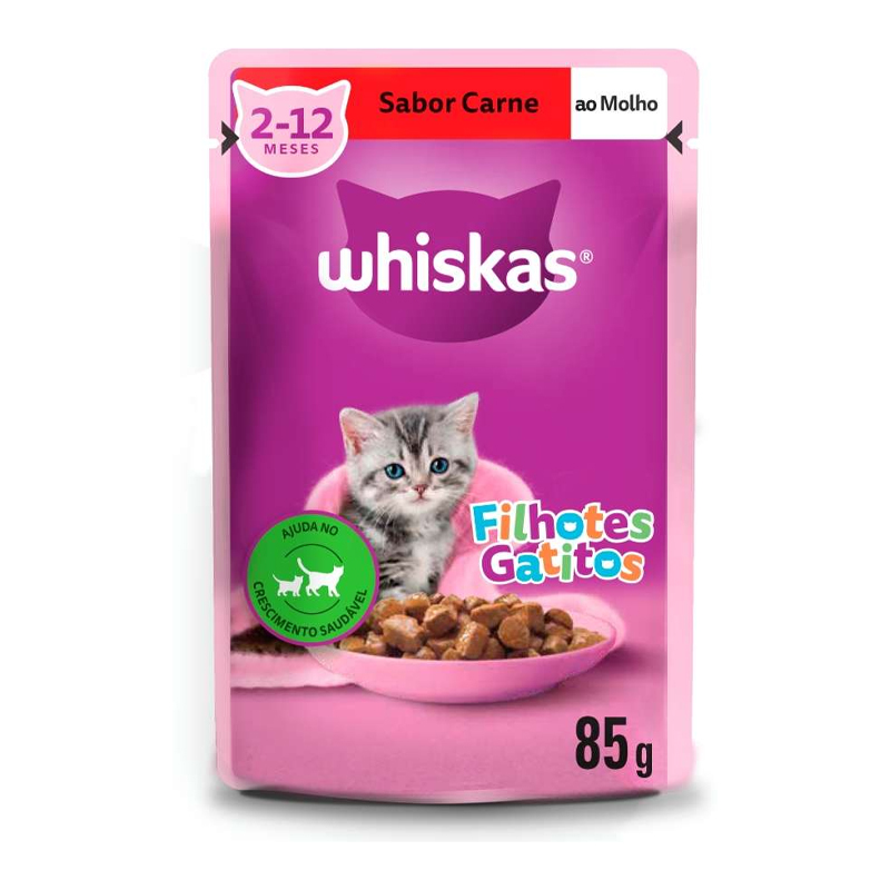 RAÇÃO ÚMIDA WHISKAS SACHÊ PARA GATOS FILHOTES SABOR CARNE AO MOLHO - 85G