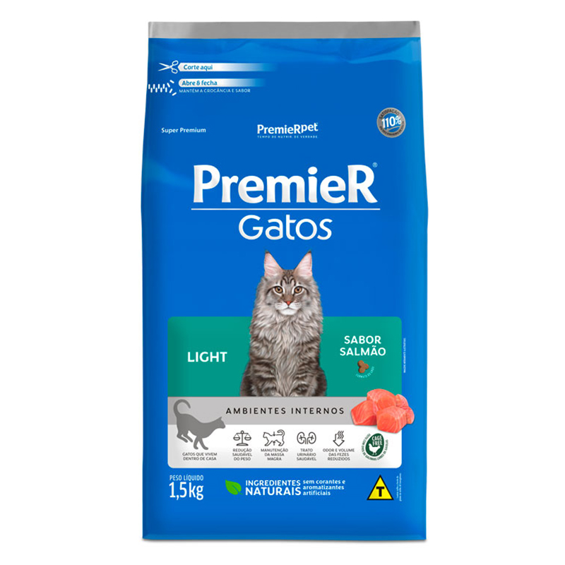 RAÇÃO LIGHT PREMIER AMBIENTES INTERNOS PARA GATOS ADULTOS SABOR SALMÃO 1,5 KG