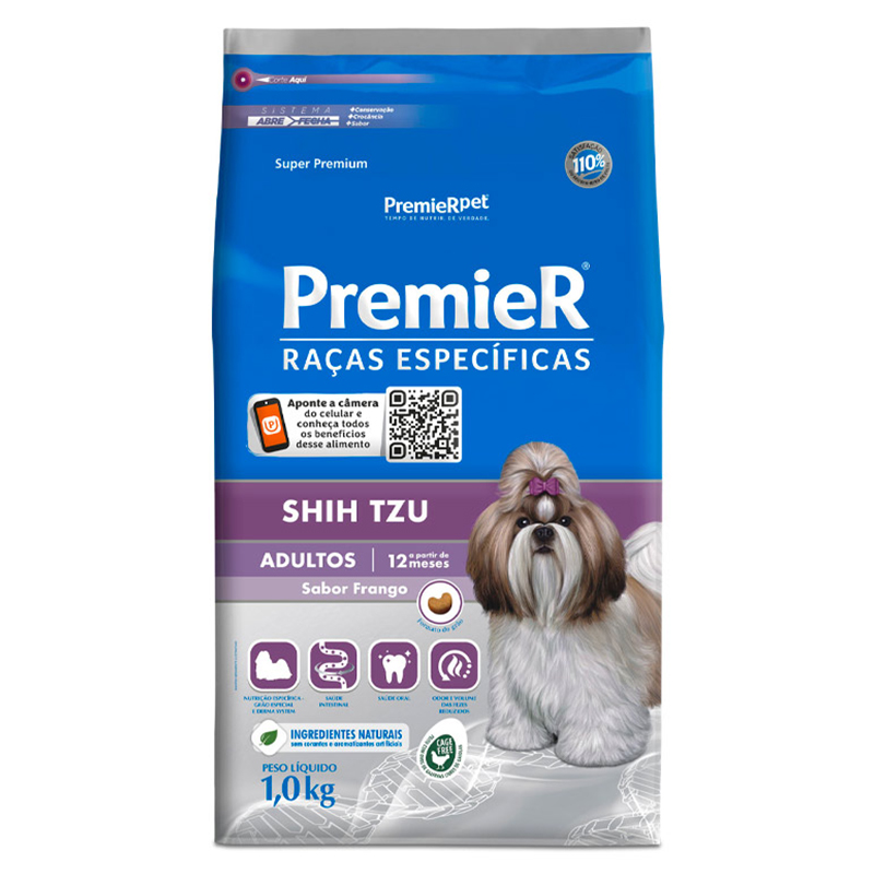 RAÇÃO SECA PREMIER SABOR FRANGO SHIH TZU RAÇAS ESPECÍFICAS PARA CÃES ADULTOS 1 KG