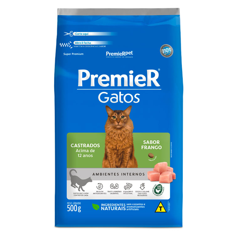 RAÇÃO PREMIER AMBIENTES INTERNOS PARA GATOS ADULTOS SÊNIOR +12 ANOS CASTRADOS SABOR FRANGO 500 GR