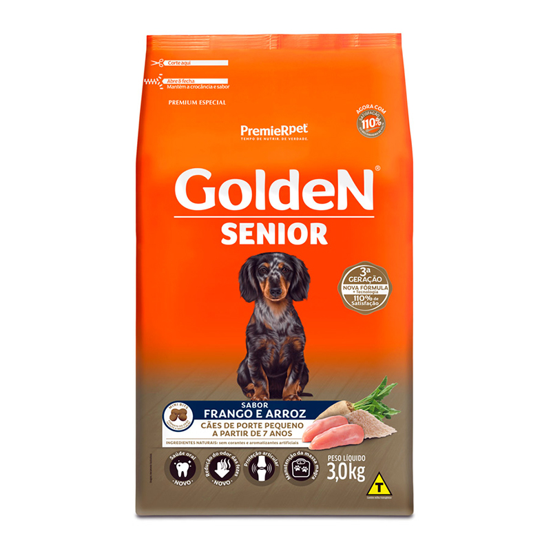 RAÇÃO PREMIER GOLDEN PARA CÃES SÊNIOR DE PORTE PEQUENO SABOR FRANGO E ARROZ 3 KG MINI BITS