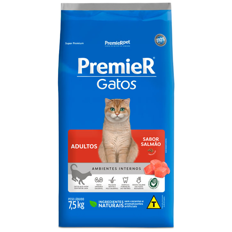 RAÇÃO PREMIER AMBIENTES INTERNOS PARA GATOS ADULTOS SABOR SALMÃO 7,5 KG