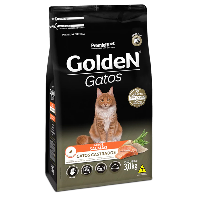 RAÇÃO SECA PREMIER GOLDEN PARA GATOS ADULTOS CASTRADOS SABOR SALMÃO 3 KG