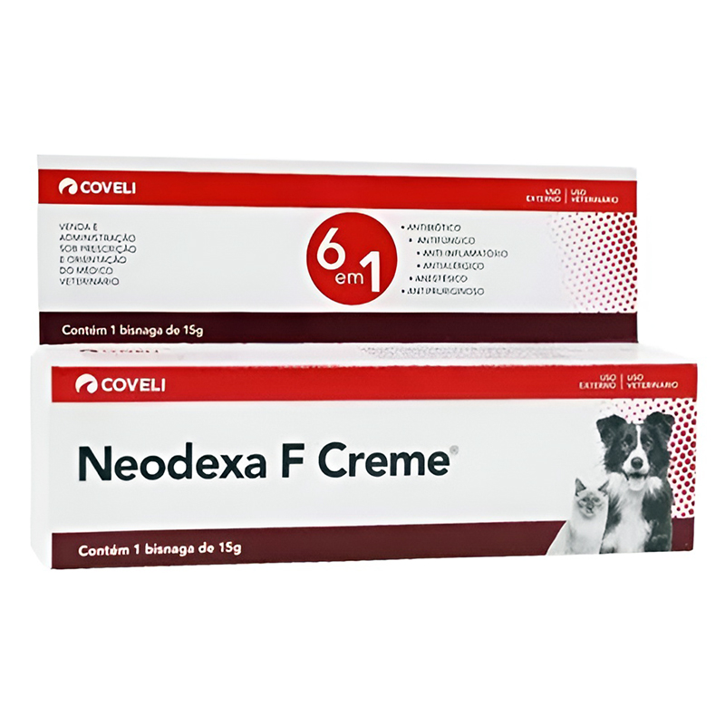 creme antibiótico com ação 6 em 1 coveli neodexa f creme 15gr para cães e gatos