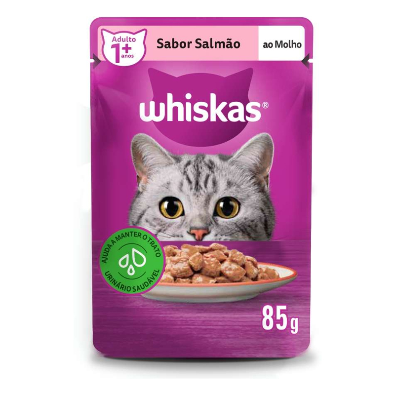 RAÇÃO ÚMIDA WHISKAS SACHÊ SALMÃO AO MOLHO PARA GATOS ADULTOS - 85GR