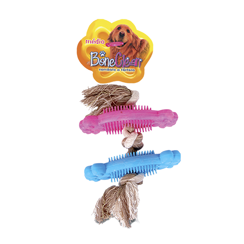 BRINQUEDO MORDEDOR BONE CLEAN PLUS DUPLO PEQUENO COM CORDA PARA CÃES PLAST PET