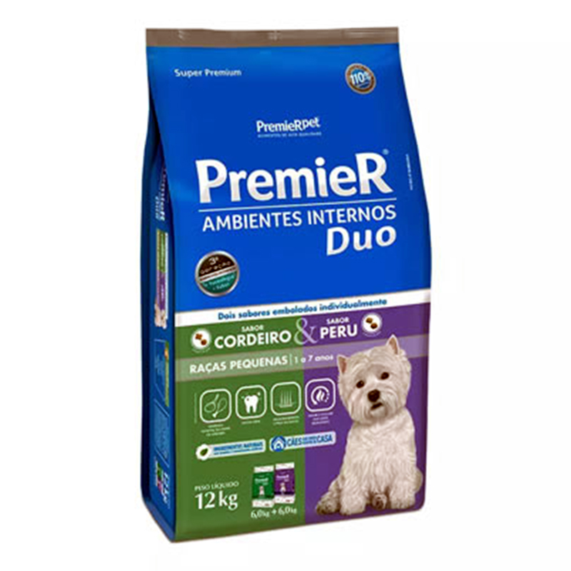 RAÇÃO PREMIER DUO AMBIENTES INTERNOS PARA CÃES ADULTOS DE PEQUENO PORTE SABOR CORDEIRO E PERU 12 KG