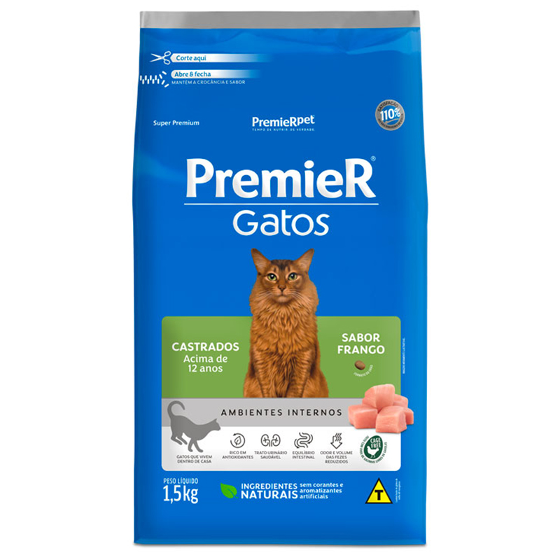 RAÇÃO PREMIER AMBIENTES INTERNOS PARA GATOS ADULTOS SÊNIOR +12 ANOS CASTRADOS SABOR FRANGO 1,5 KG