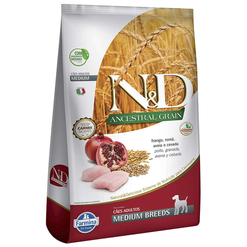 RAÇÃO SECA FARMINA N&D ANCESTRAL GRAIN PARA CÃES ADULTOS DE RAÇAS MÉDIAS SABOR FRANGO E ROMÃ 2,5KG