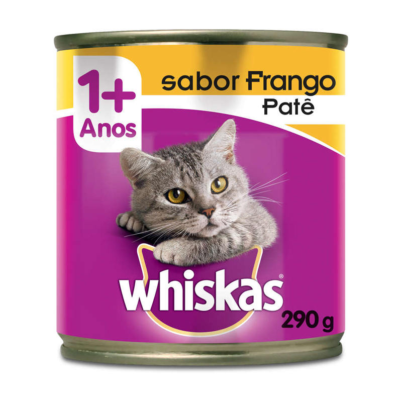 RAÇÃO ÚMIDA WHISKAS LATA PATÊ DE FRANGO PARA GATOS ADULTOS 290GR