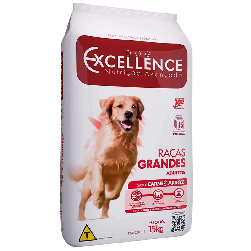 RAÇÃO SECA PARA CÃES ADULTOS DE RAÇAS GRANDES DOG EXCELLENCE SABOR CARNE E ARROZ 15 KG