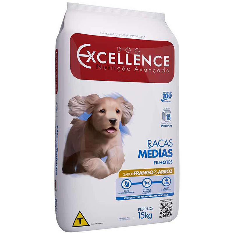 RAÇÃO SECA PARA CÃES FILHOTES DE RAÇAS MÉDIAS DOG EXCELLENCE SABOR FRANGO E ARROZ 15 KG