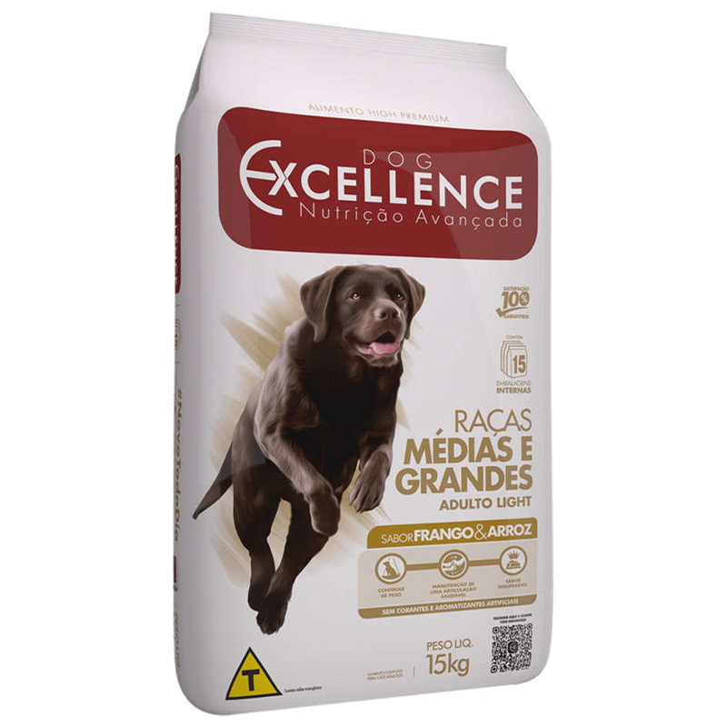 RAÇÃO SECA DOG EXCELLENCE LIGHT PARA CÃES ADULTOS DE RAÇAS MÉDIAS E GRANDES SABOR FRANGO E ARROZ 15 