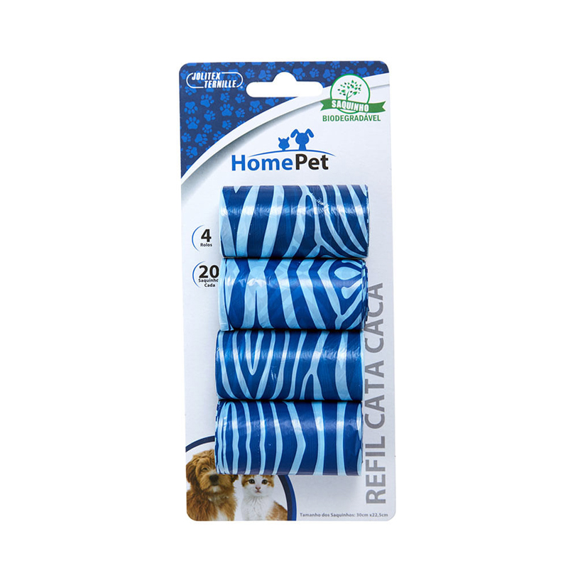 REFIL CATA CACA SAQUINHO HIGIÊNICO BIODEGRADÁVEL AZUL COM 4 ROLOS DE 20 UNIDADES HOME PET 