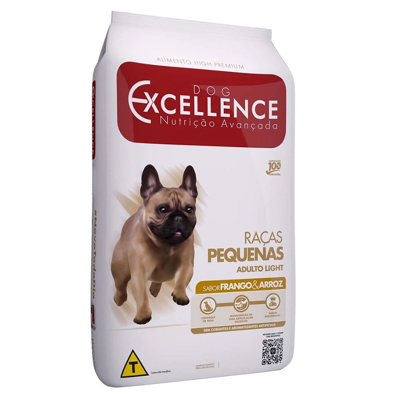 RAÇÃO SECA LIGHT PARA CÃES ADULTOS DE RAÇAS PEQUENAS DOG EXCELLENCE SABOR FRANGO E ARROZ 1,5 KG