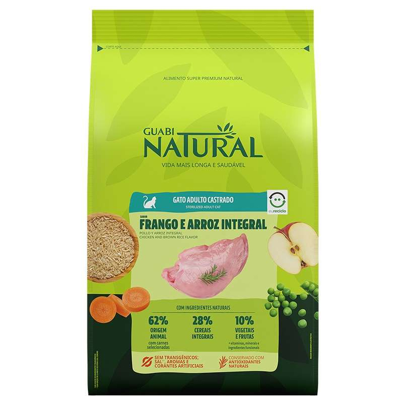 RAÇÃO SECA GUABI NATURAL PARA GATOS ADULTOS CASTRADOS SABOR FRANGO E ARROZ INTEGRAL 1,5KG