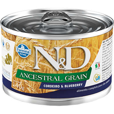 RAÇÃO ÚMIDA LATA FARMINA N&D ANCESTRAL GRAIN CORDEIRO & BLUEBERRY PARA CÃES ADULTOS 140GR