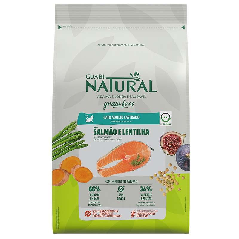 RAÇÃO SECA GUABI NATURAL GRAIN FREE PARA GATOS ADULTOS CASTRADOS SABOR SALMÃO E LENTILHA 1,5KG