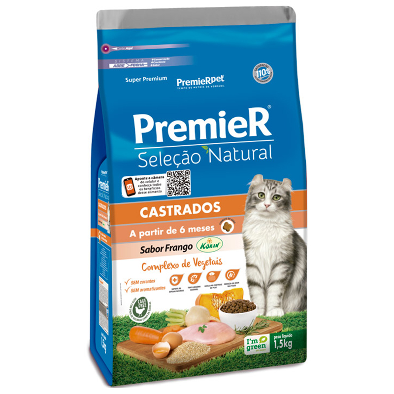 RAÇÃO SECA PREMIER SELEÇÃO NATURAL PARA GATOS CASTRADOS SABOR FRANGO 1,5 KG