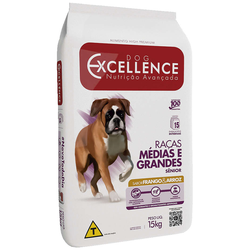 RAÇÃO SECA PARA CÃES SÊNIOR DE RAÇAS MÉDIAS E GRANDES DOG EXCELLENCE SABOR FRANGO E ARROZ 15 KG