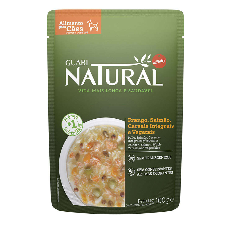 RAÇÃO ÚMIDA GUABI NATURAL FRANGO, SALMÃO, CEREAIS E VEGETAIS PARA CÃES ADULTOS 100GR