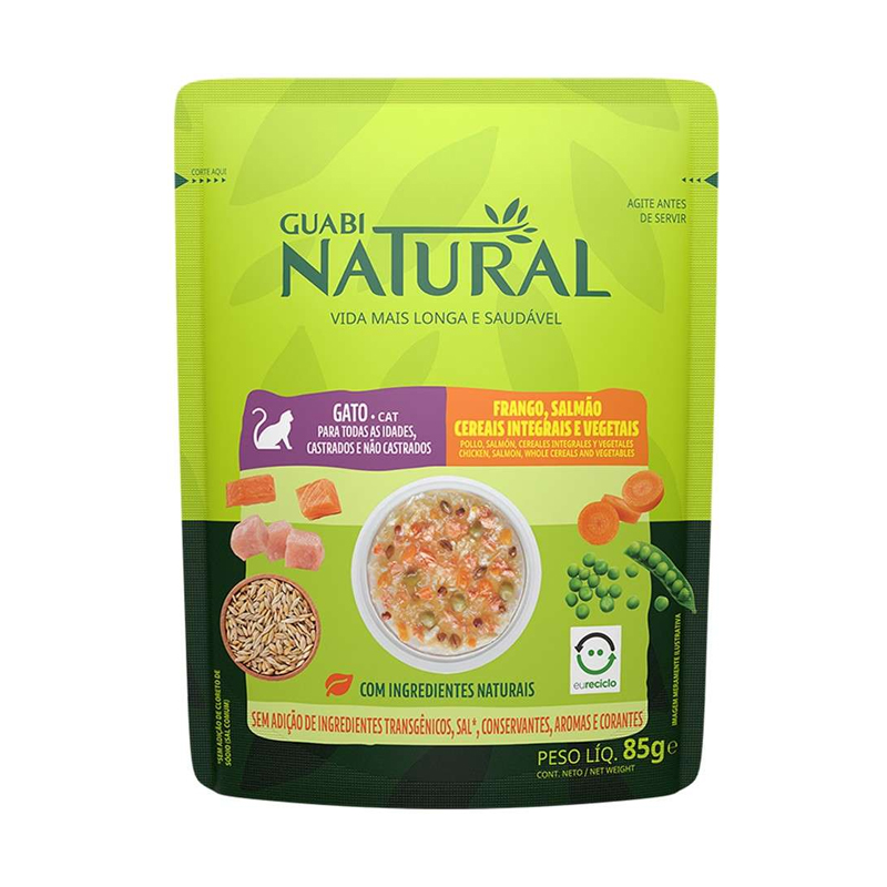 RAÇÃO ÚMIDA GUABI NATURAL FRANGO, SALMÃO, CEREAIS E VEGETAIS PARA GATOS 85GR