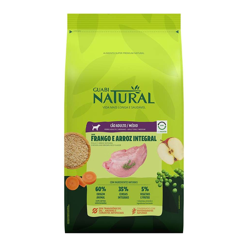 RAÇÃO SECA GUABI NATURAL FRANGO E ARROZ INTEGRAL PARA CÃES ADULTOS RAÇAS MÉDIA 12KG