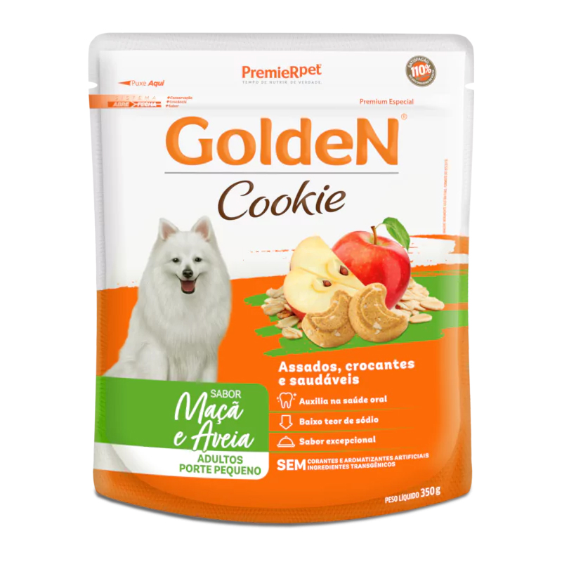 biscoito golden cookie para cães adultos porte pequeno sabor maçã e aveia 350 gramas