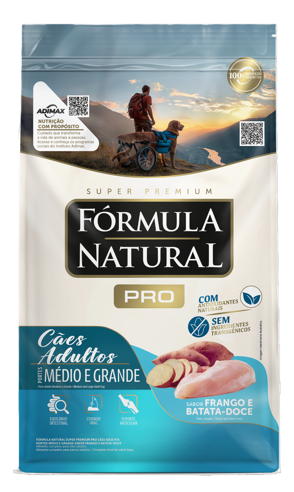 RACAO SECA PRO FORMULA NATURAL SUPER PREMIUM CAES ADULTOS PORTES MEDIO E GRANDE SABOR FRANGO E BATAT