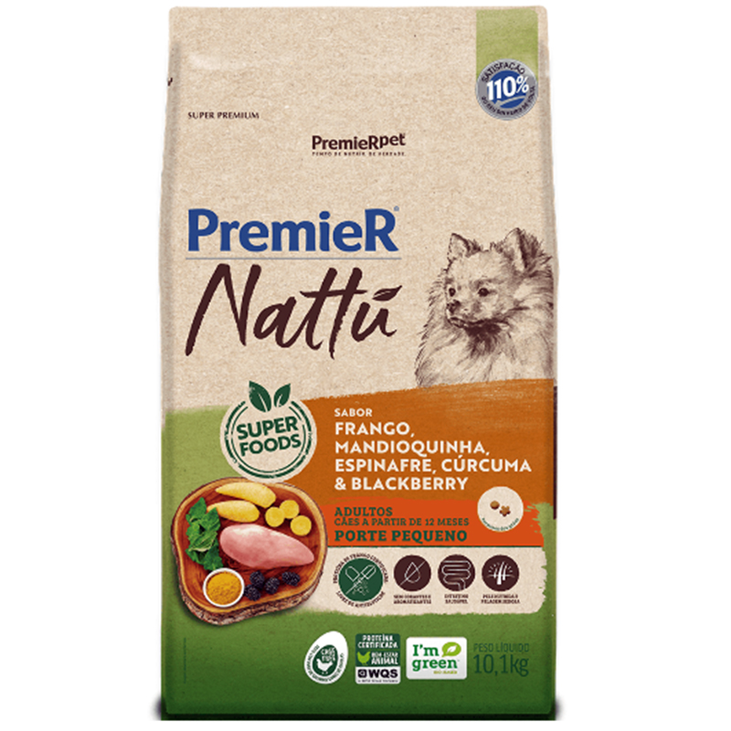 RAÇÃO SECA PREMIER NATTÚ PARA CÃES ADULTOS RAÇAS PEQUENAS SABOR MANDIOQUINHA 10,1 KG