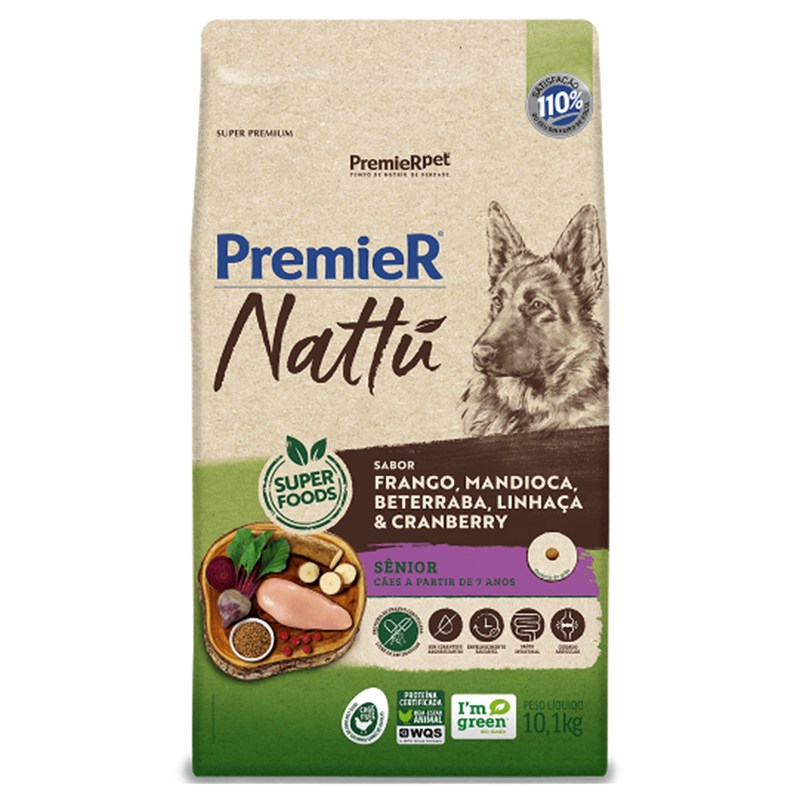 RAÇÃO SECA PREMIER NATTÚ PARA CÃES SÊNIOR SABOR MANDIOCA 10,1 KG