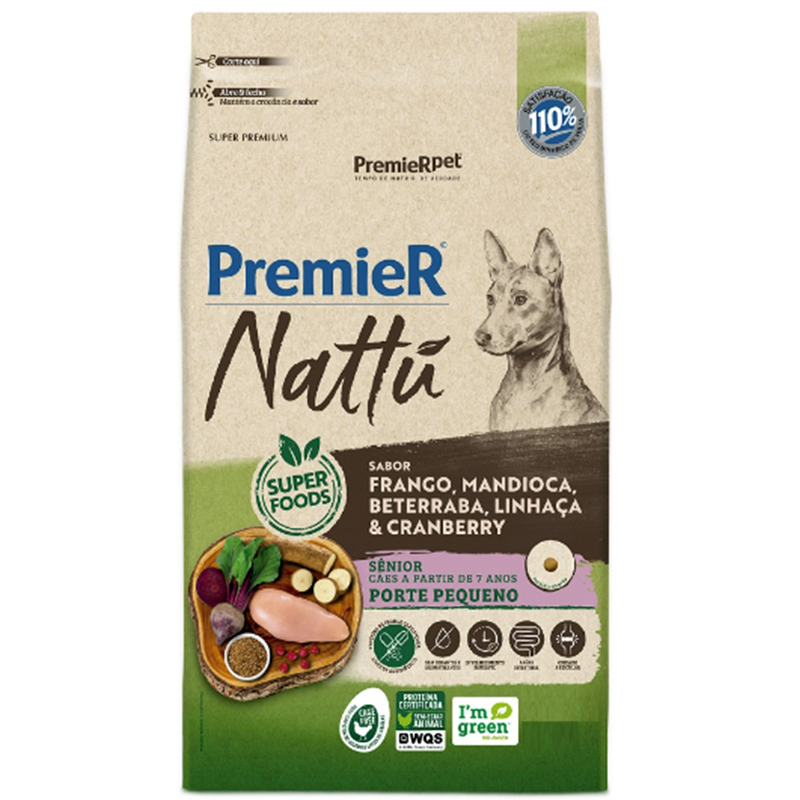 RAÇÃO SECA PREMIER NATTÚ PARA CÃES SÊNIOR DE RAÇAS PEQUENAS SABOR MANDIOCA 2,5 KG