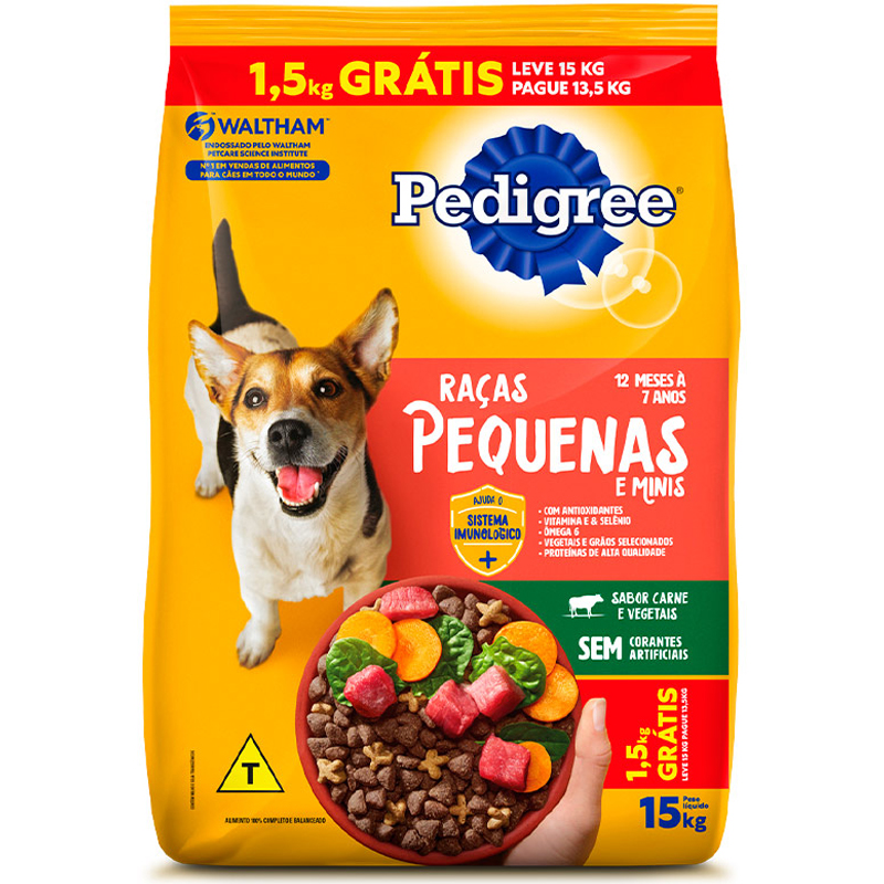 RAÇÃO PEDIGREE PARA CÃES ADULTOS DE RAÇAS PEQUENAS SABOR CARNE E VEGETAIS LEVE 15 KG PAGUE 13,5 KG