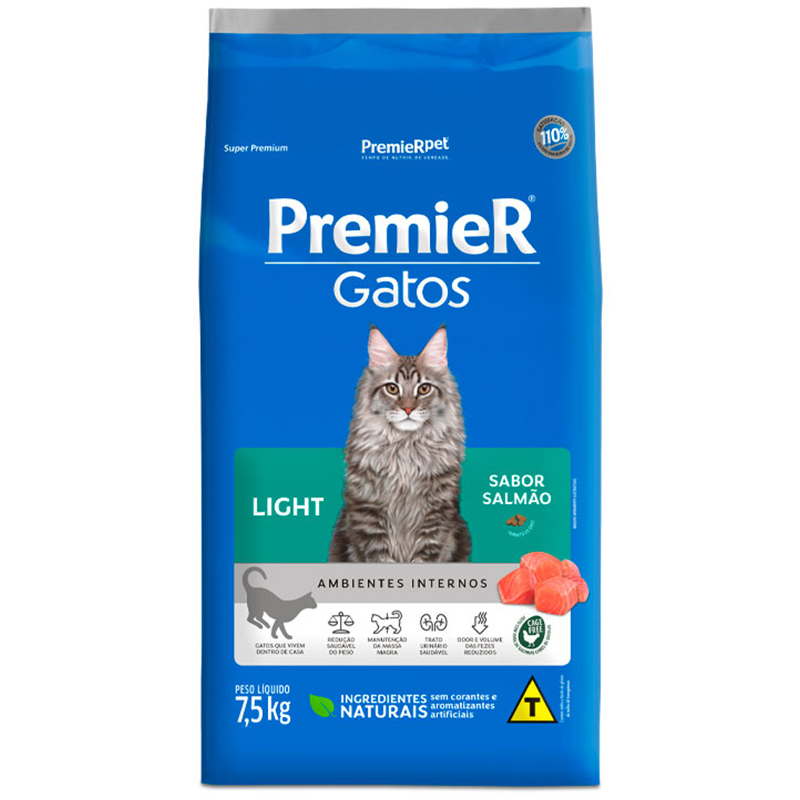 RAÇÃO LIGHT PREMIER AMBIENTES INTERNOS PARA GATOS ADULTOS SABOR SALMÃO 7,5 KG