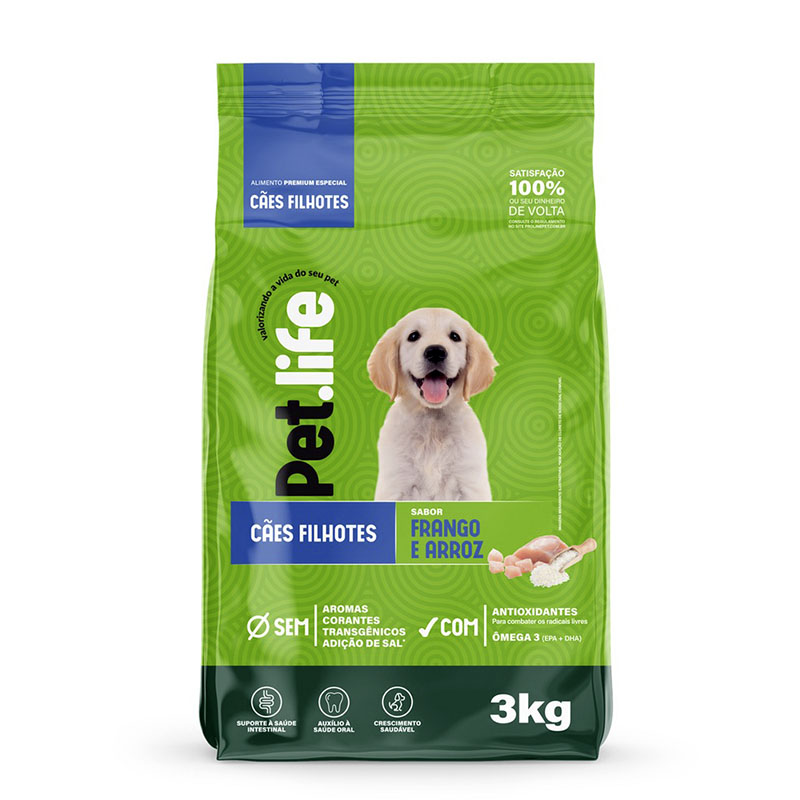 RAÇÃO SECA PET LIFE PARA CÃES FILHOTES SABOR FRANGO E ARROZ 3 KG