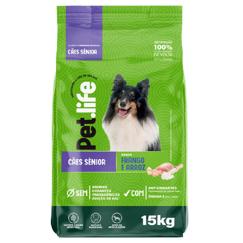 RAÇÃO SECA PET LIFE PARA CÃES SÊNIOR SABOR FRANGO E ARROZ 15 KG