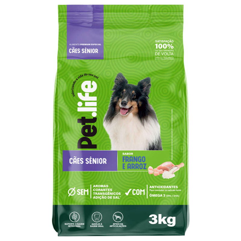 RAÇÃO SECA PET LIFE PARA CÃES SÊNIOR SABOR FRANGO E ARROZ 3 KG