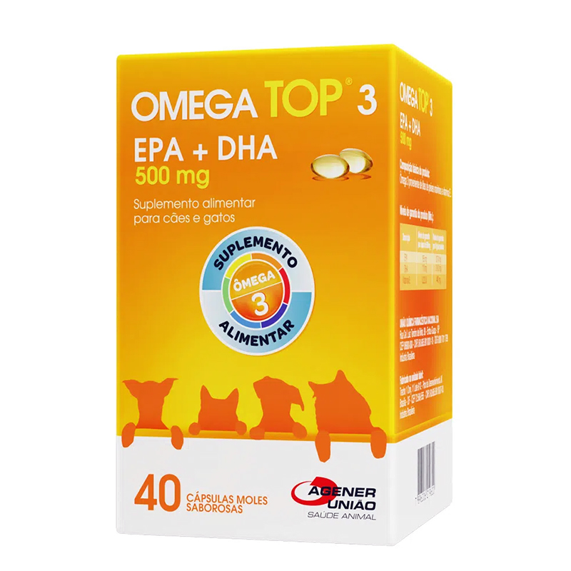 SUPLEMENTO ALIMENTAR ÔMEGA TOP 3 500 MG PARA CÃES E GATOS 40 CÁPSULAS