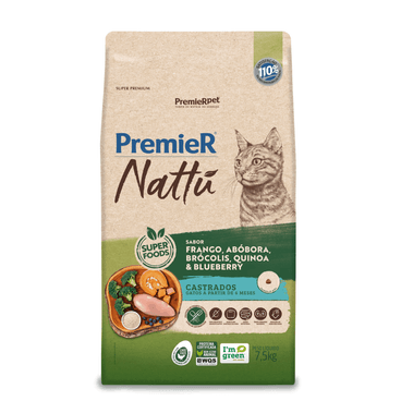 RAÇÃO PREMIER NATTÚ PARA GATOS ADULTOS CASTRADOS SABOR ABÓBORA 7,5 KG