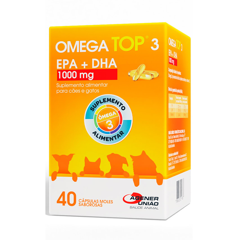 suplemento alimentar ômega top 3 1000 mg para cães e gatos 40 cápsulas 