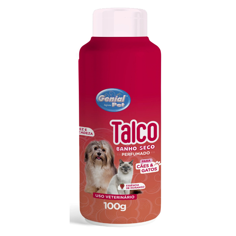 TALCO BANHO A SECO MORANGO PARA CÃES E GATOS FÊMEA GENIAL PET 100 GR